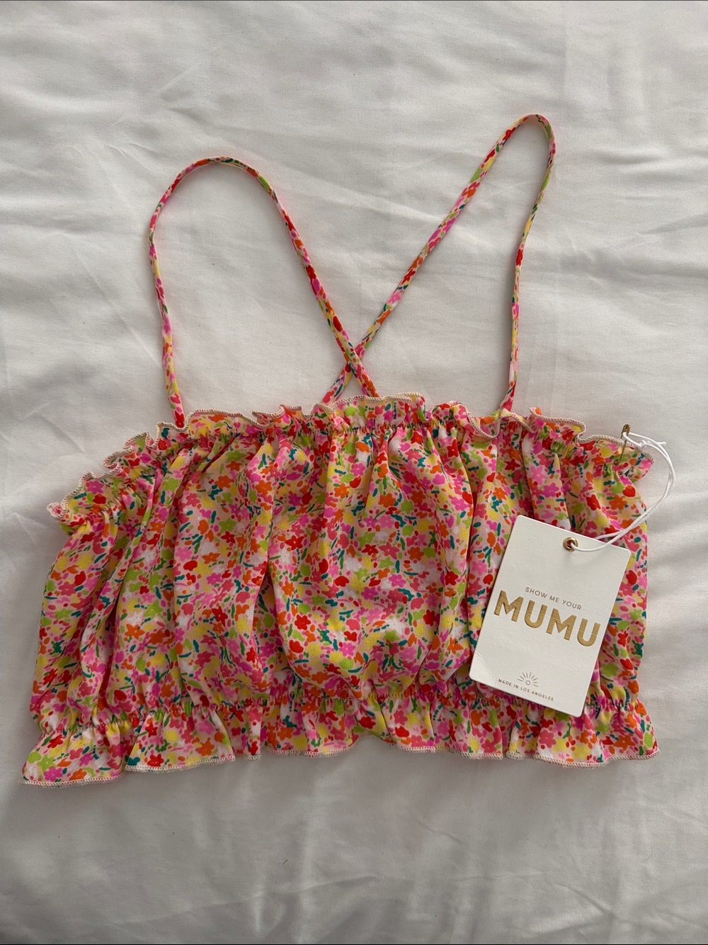 Show Me Your MuMu Pink Floral Ruffle Crop Top -Size Medium